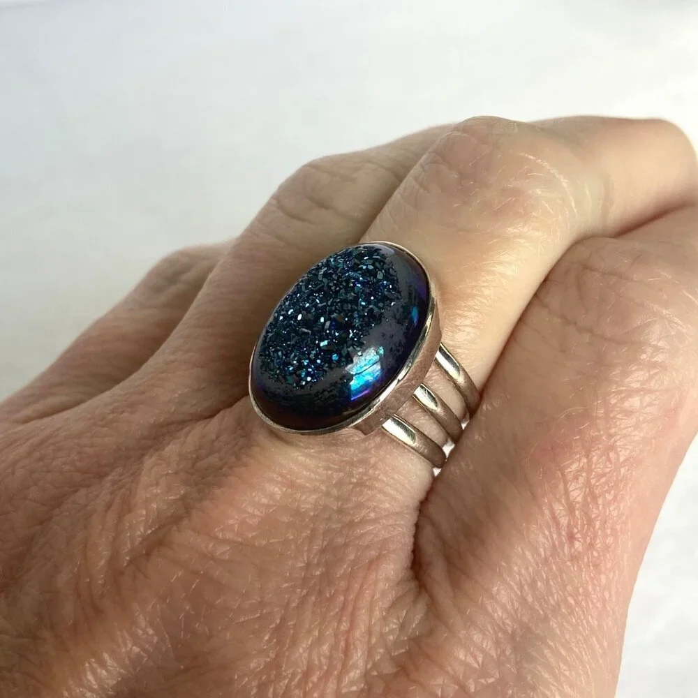 Sterling Silver 925 India Oval Blue Titanium Druzy Triple Band Ring Sz 7